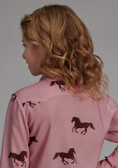 Roper Kids Girls 2203 Wild Horses Pink 100% Rayon L/S Shirt