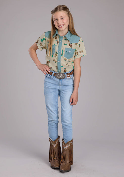 Roper Youth Girls Ropers Printed Yokes White 100% Rayon L/S S/S Shirt