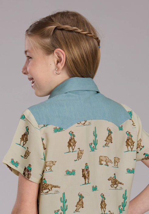 Roper Youth Girls Ropers Printed Yokes White 100% Rayon L/S S/S Shirt