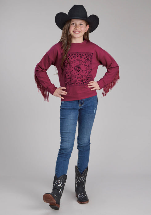 Roper Kids Girls Paisley Square Fringe Wine 100% Cotton Sweatshirt