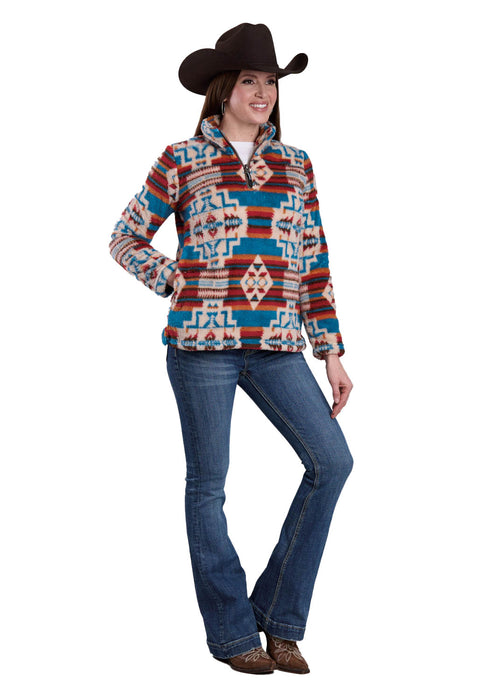 Roper Womens Aztec Polar 1/4 Zip Grey/Red 100% Polyester Fleece Jacket