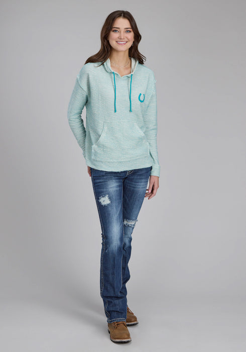 Roper Womens Knit Horseshoe Cream/Aqua 100% Cotton Hoodie