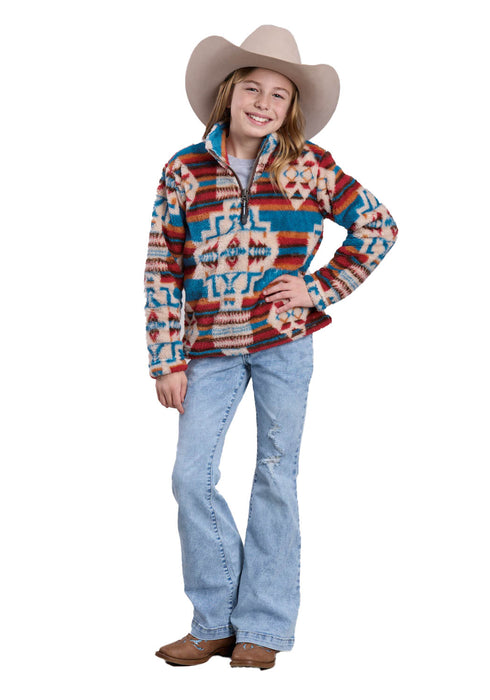 Roper Kids Girls Large Aztec Polar Grey/Blue 100% Polyester Fleece Jacket