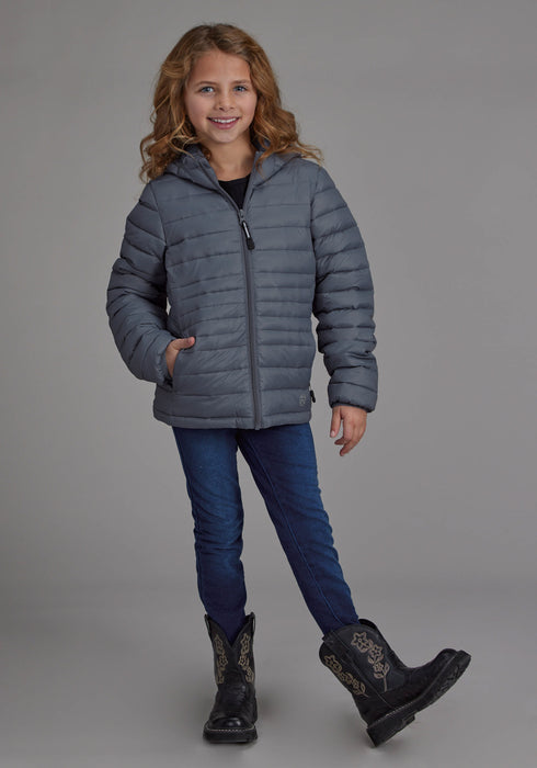 Roper Kids Girls Poly Fill Hooded Silver Blue 100% Nylon Softshell Jacket