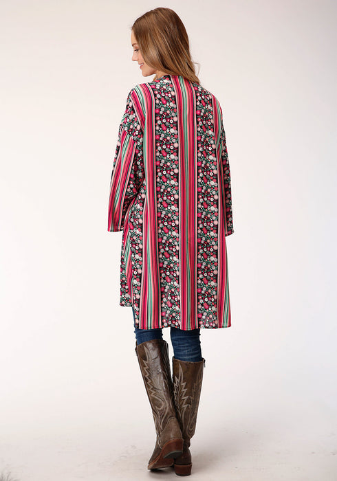 Roper Womens Black Rayon/Nylon Floral Stripe Cardigan