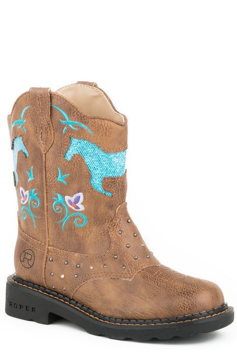 Roper Kids Girls Horse Flowers Tan Faux Leather Chunk Cowboy Boots