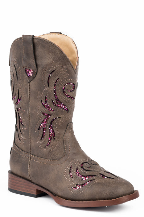 Roper Kids Girls Glitter Breeze Brown/Pink Faux Leather Cowboy Boots