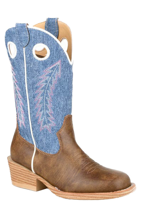 Roper Kids Unisex Willow Vintage Blue/Brown Faux Leather Cowboy Boots