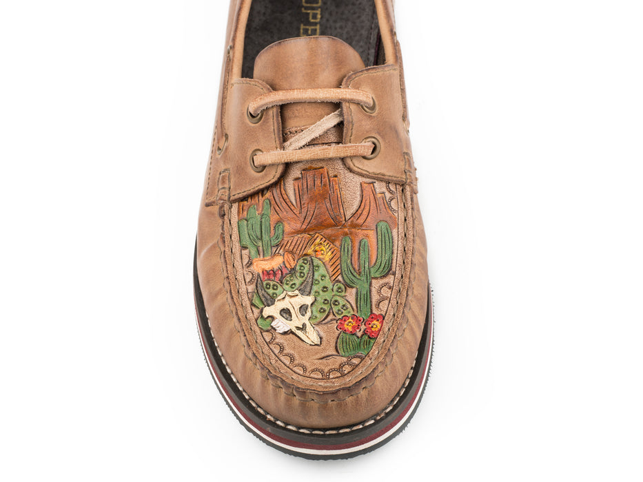 Roper Womens Bertha Tan Leather Tooled Cactus Slip-On Shoes