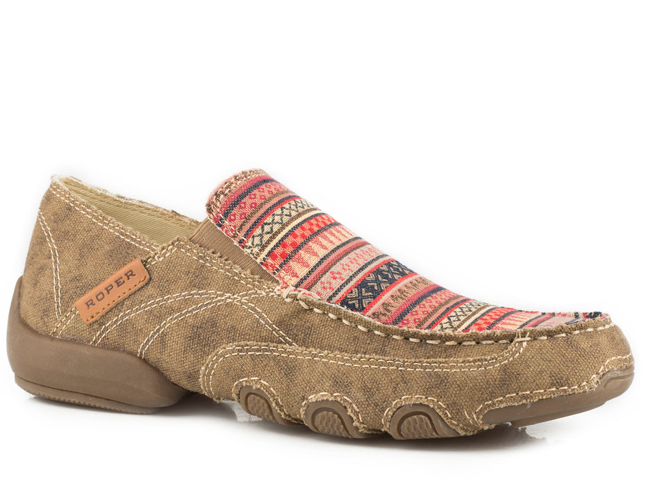 Roper Womens Daisy Tan/Pink Fabric Slip-On Shoes