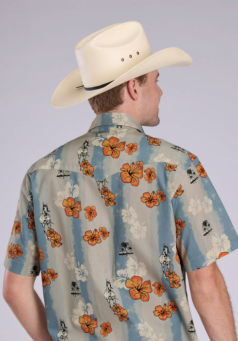Tin Haul Mens Vintage Tropical Blue/Grey 100% Cotton S/S Shirt