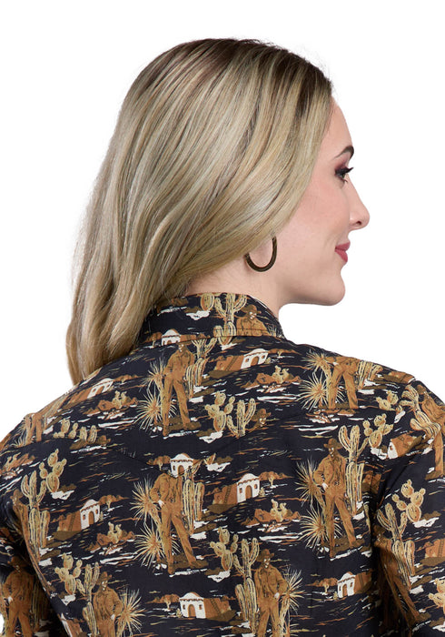 Tin Haul Womens Cowboy Print Black 100% Cotton L/S Shirt