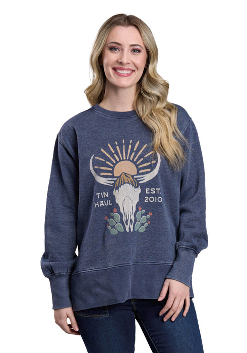 Tin Haul Womens Longhorn Skull and Sun Navy Cotton Blend Sweatshirt