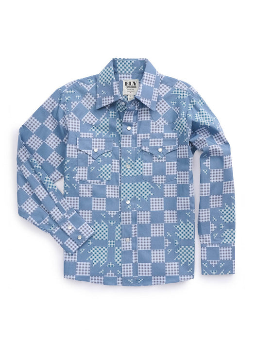 Ely and Walker Kids Boys Checker Patchwork Snap Denim Blue 100% Cotton L/S Shirt