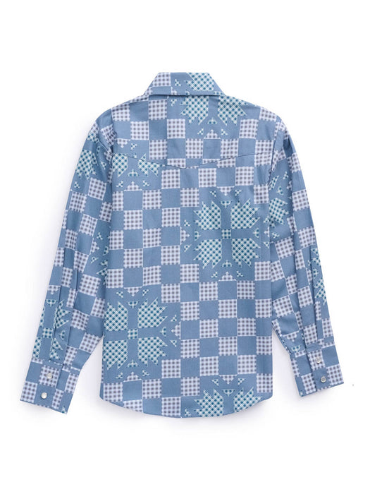 Ely and Walker Kids Boys Checker Patchwork Snap Denim Blue 100% Cotton L/S Shirt