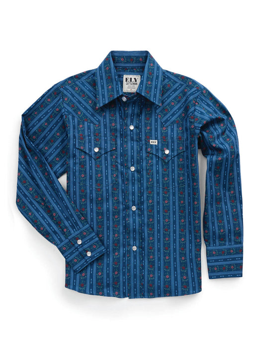 Ely and Walker Kids Boys Wallpaper Floral Print Navy 100% Cotton L/S Shirt