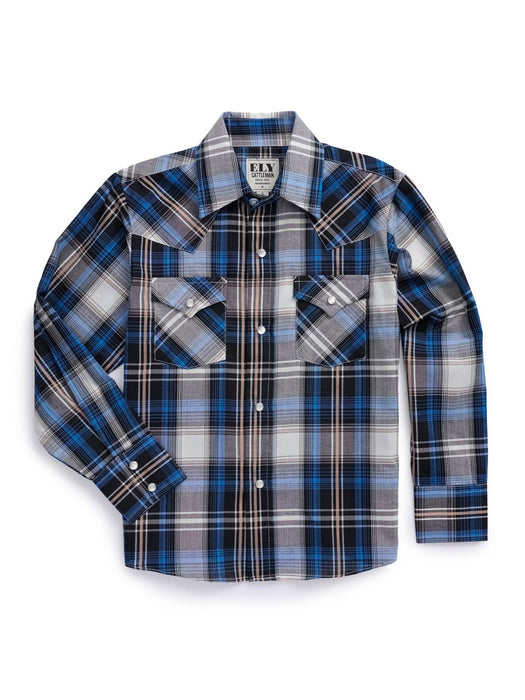Ely and Walker Kids Boys Western Textured Plaid Blue/Black Poly/Cotton L/S Shirt