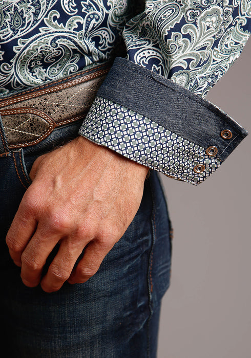 Stetson Mens Blue 100% Cotton Greenspring Paisley L/S 2 Pocket Shirt