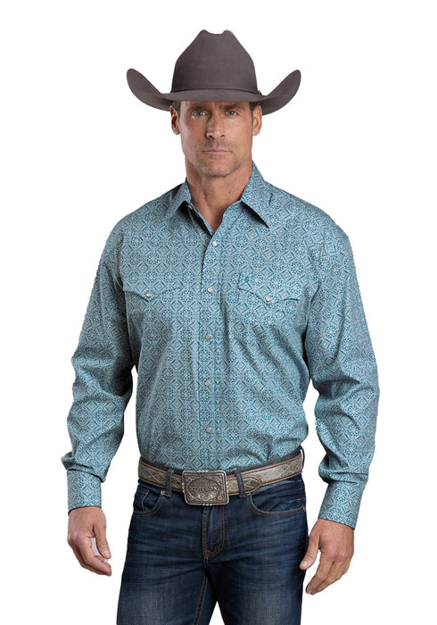 Stetson Mens 2573 Tile Medallion Teal 100% Cotton L/S Shirt