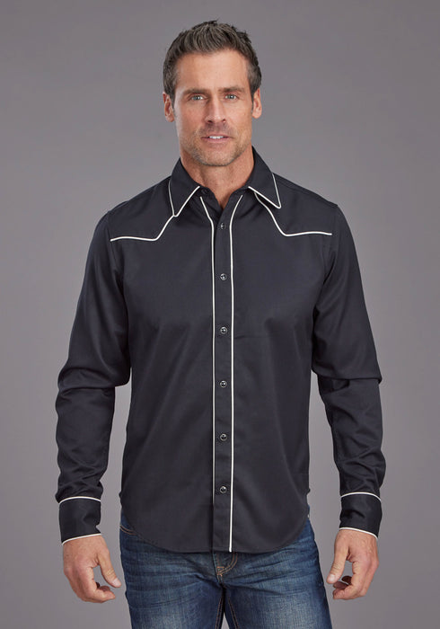 Stetson Mens Vintage Piping Black Poly/Rayon L/S Shirt