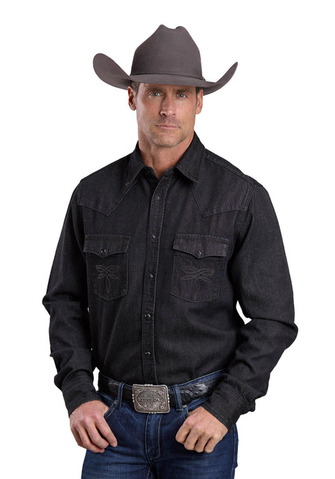 Stetson Mens Boot Stitch Pockets Black 100% Cotton L/S Shirt