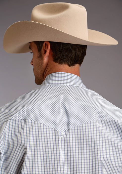 Stetson Mens Light Blue 100% Cotton Two Stripe Check L/S Shirt