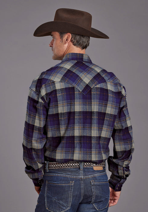 Stetson Mens Brushed Twill Plaid Blue 100% Cotton L/S Shirt