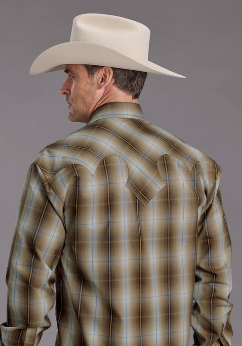 Stetson Mens Sand Dobby Plaid Brown 100% Cotton L/S Shirt