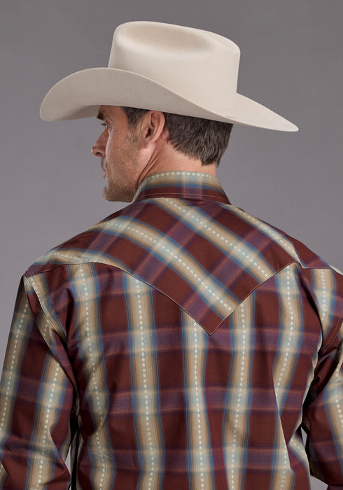 Stetson Mens Red Rock Dobby Plaid Wine 100% Cotton L/S Shirt