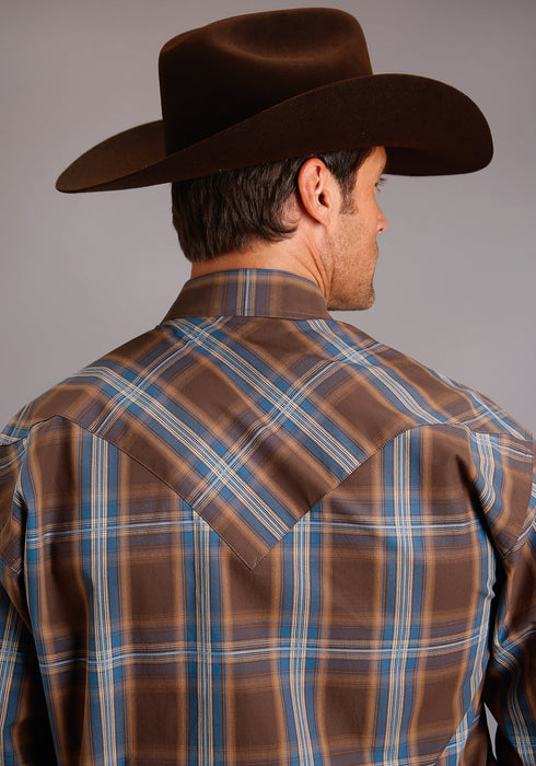 Stetson Mens 1192 Lake Plaid Brown/Blue 100% Cotton L/S Shirt