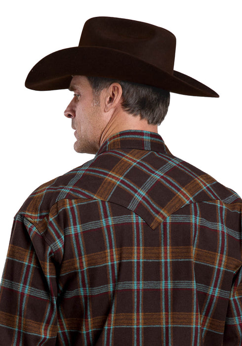 Stetson Mens Brushed Twill Plaid Brown 100% Cotton L/S Shirt