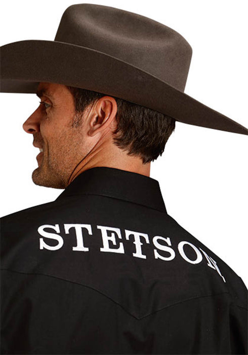Stetson Mens Western Logo Sleeve Black 100% Cotton L/S Shirt