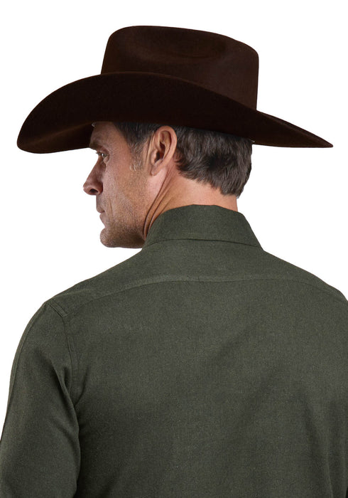 Stetson Mens Heathered Flannel Olive 100% Cotton Btn L/S Shirt