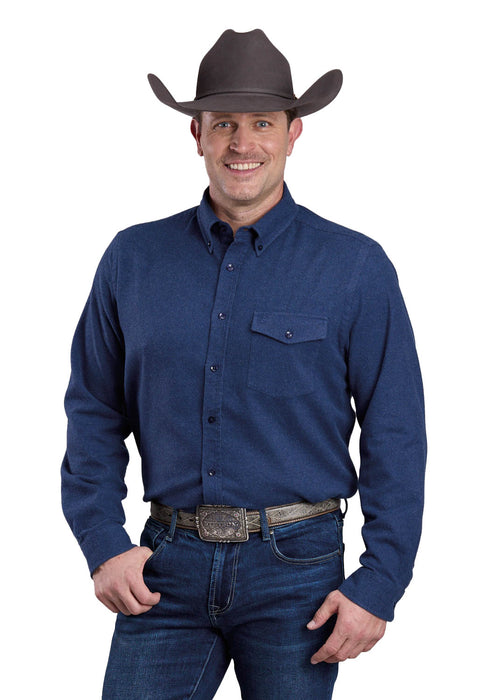 Stetson Mens 2473 Heather Flannel Navy 100% Cotton 1 Pkt L/S Shirt