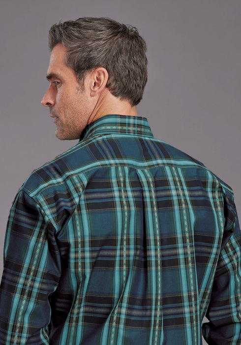 Stetson Mens 2147 Lake Dobby Blue/Green 100% Cotton Btn L/S Shirt