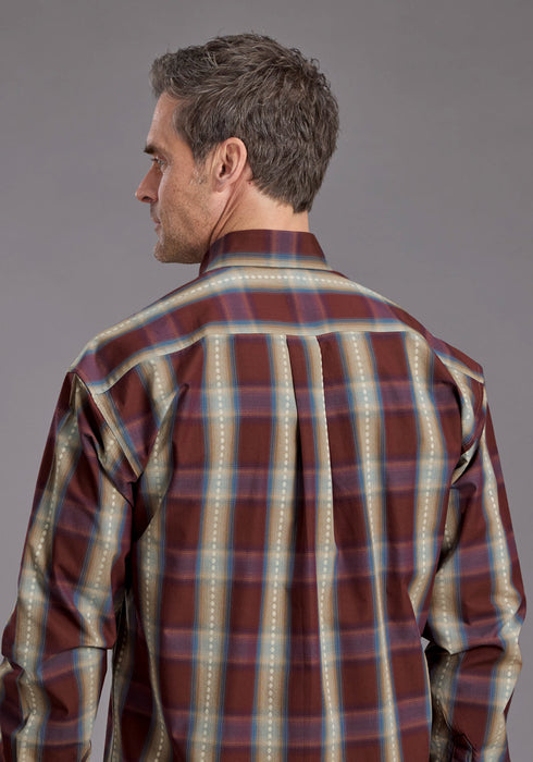 Stetson Mens Red Rock Dobby Plaid Wine 100% Cotton 1 Pkt L/S Shirt