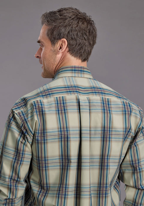 Stetson Mens Vintage Indigo Plaid Blue 100% Cotton 1 Pkt L/S Shirt
