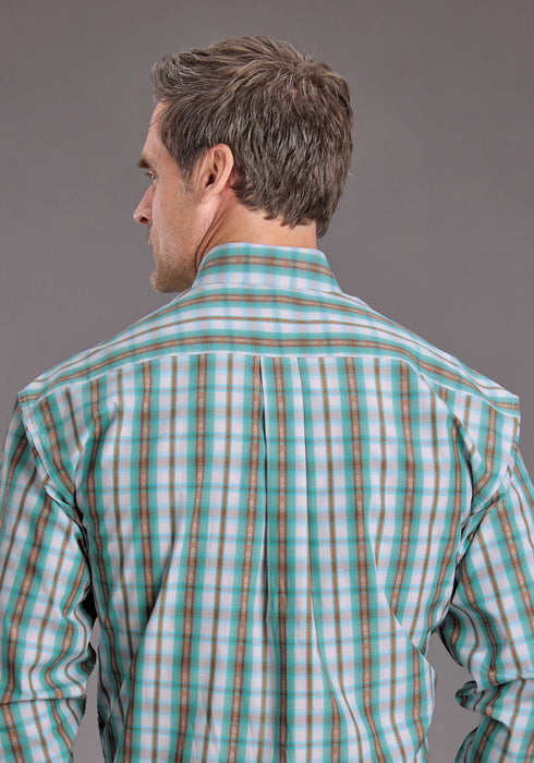 Stetson Mens Vintage Plaid Turquoise 100% Cotton 1 Pkt L/S Shirt