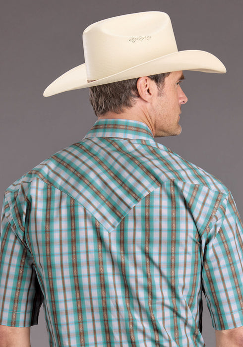 Stetson Mens 2397 Vintage Plaid Turquoise 100% Cotton S/S Shirt