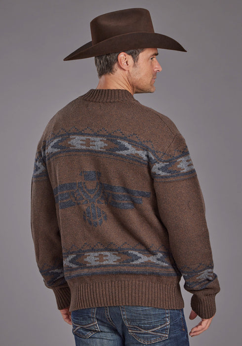 Stetson Mens Thunderbird Border Brown Cotton Blend Cardigan Sweater