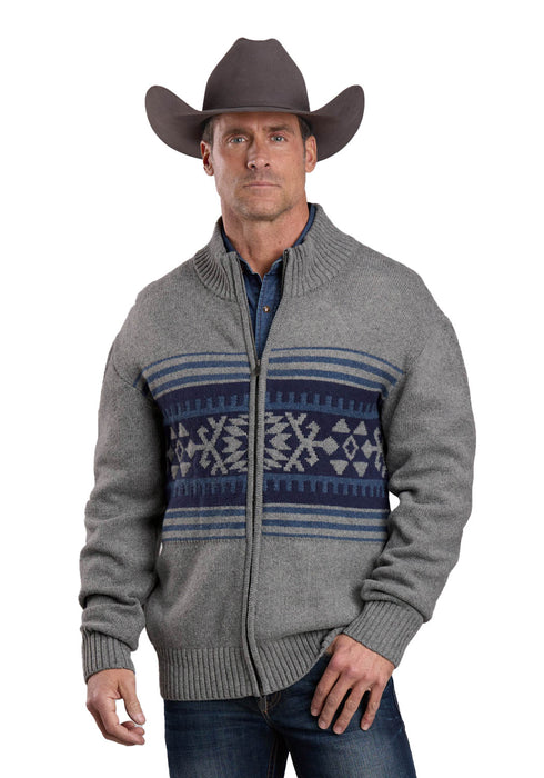 Stetson Mens Aztec Border Zip Front Grey Cotton/Wool Cardigan Sweater