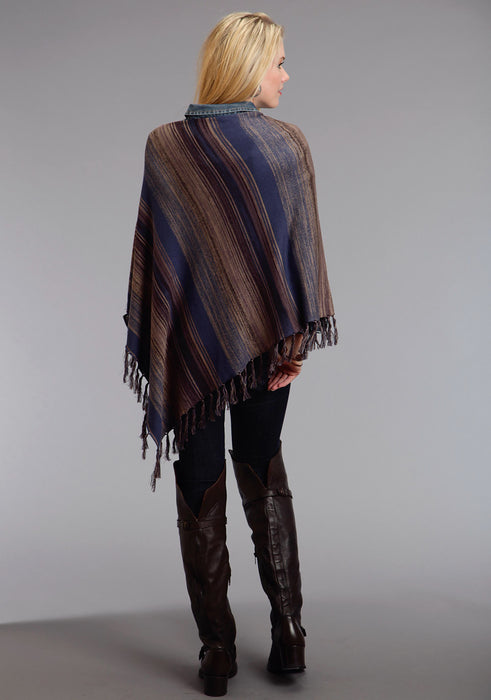 Stetson Womens Asymmetrical Scoop Neck Blue Cotton Blend Poncho