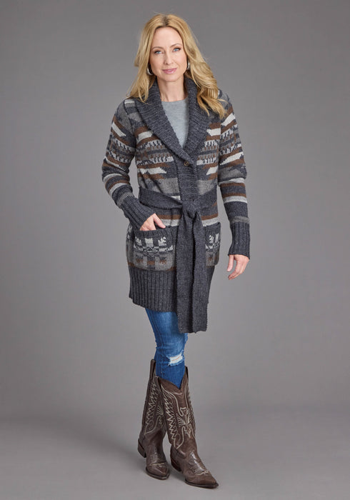 Stetson Womens Aztec Self Tie Grey/Indigo Wool Blend Cardigan Sweater