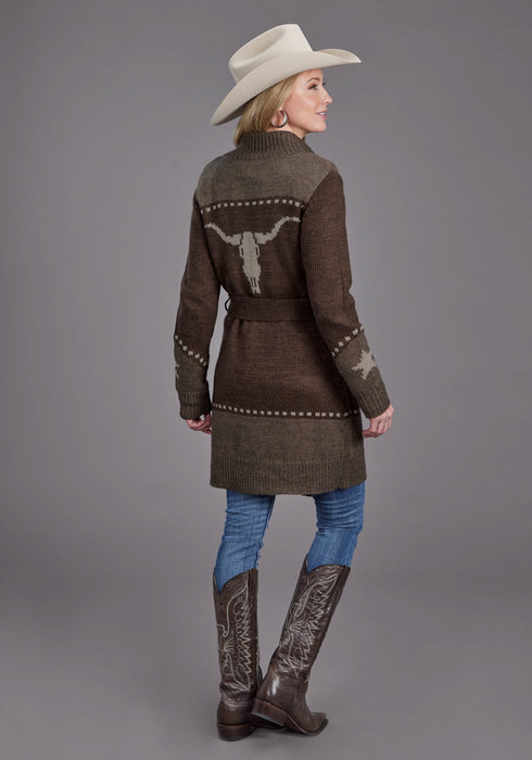 Stetson Womens Retro Belted Steer Head Brown Wool Blend Cardigan Sweater