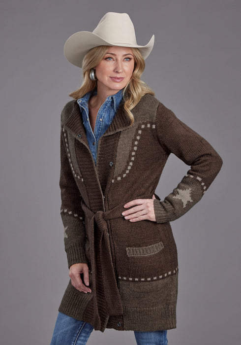 Stetson Womens Retro Belted Steer Head Brown Wool Blend Cardigan Sweater