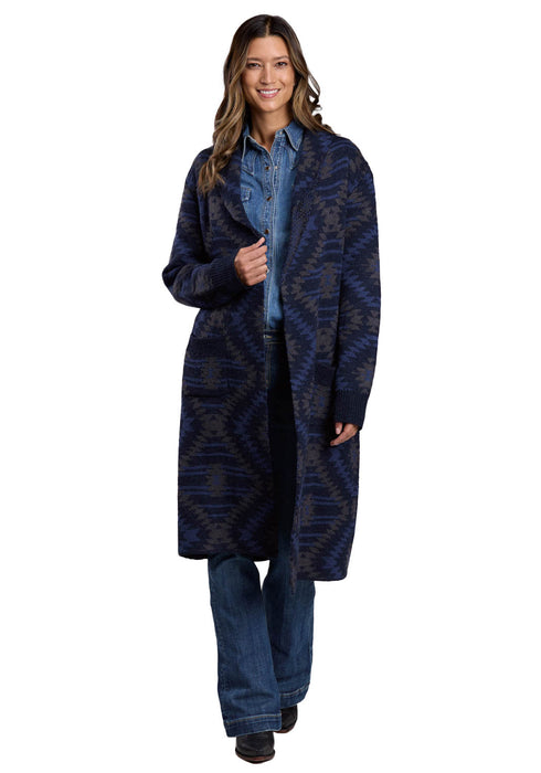 Stetson Womens Aztec Duster Blue/Navy Acrylic Blend Cardigan Sweater