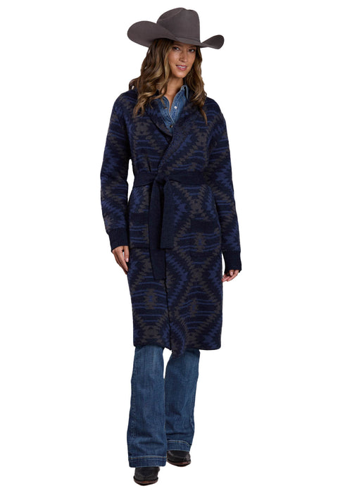 Stetson Womens Aztec Duster Blue/Navy Acrylic Blend Cardigan Sweater