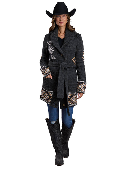 Stetson Womens Ribbed Aztec Charcoal Grey Acrylic Blend Cardigan Sweater