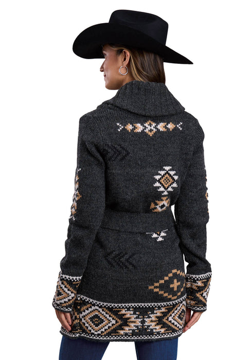 Stetson Womens Ribbed Aztec Charcoal Grey Acrylic Blend Cardigan Sweater