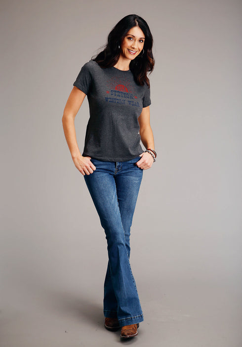 Stetson Womens Dark Grey Cotton Blend Sunset USA S/S T-Shirt